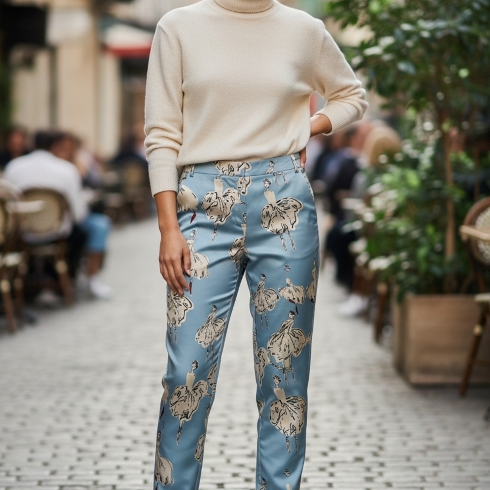 OVI Light Blue Illustrated Ballerina Print Pants – Size M